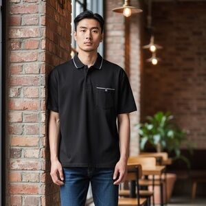 #338 Denim & Flower Black Polo Shirt with White Accents